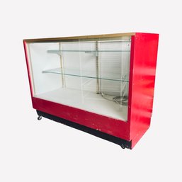 Very Large Glass Display Case With Two Shelves And Sliding Doors