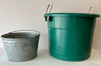 Large Green Bucket W/ Small Galvanized Bucket