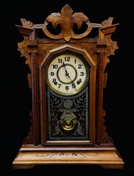 Antique Wood Carved Kitchen Clock With Etched Glass Door