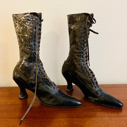 Antique Victorian Black Leather Beaded Lace Up Boots