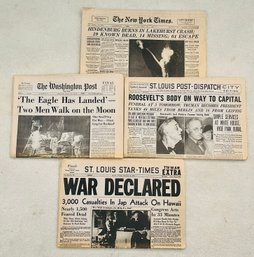 Lot Of 4 Historic Papers: Hindenburg, Moon Landing, War Declared And Roosevelts Funeral