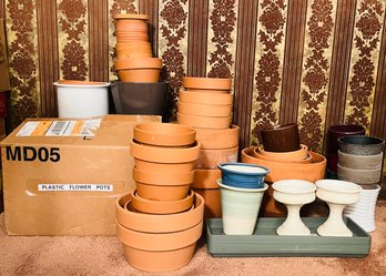 Lot Of Terracotta, Ceramic, And Plastic Flower Pots