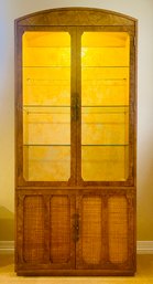 Mid Century Lighted Glass-front Cabinet (with Lighting/floral Back), Rattan Front Lower Cabinet Doors