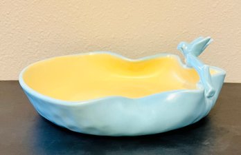 Vintage Baby Blue Curling Pottery Dish With Flying Bird Figurine