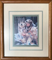 Man With Native American Garb And Wolf By Maija
