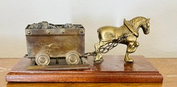 Vintage Brass Horse Hauling Cart Of Coals On Wooden Plinth
