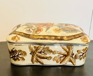 Large Vintage Ceramic Lidded Trinket Box With Gold Accents