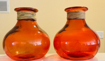 Two Amber Glass Round Vases
