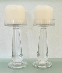 Pair Of Classic Clear Glass Pillar Candle Holders