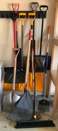 Grouping Of Outdoor Cleaning Tools, Incl. Snow Shovels, Rakes And More