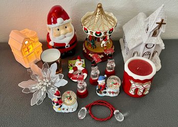 Christmas Decor W/ Animated Carousel Music Box, Ceramic Santa, Church & More