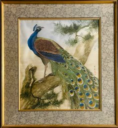 Framed Japanese Peacock Silk Watercolor Artwork