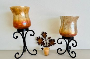 Collection Of Metal Leaf And Hurricane Jar Candle Holders