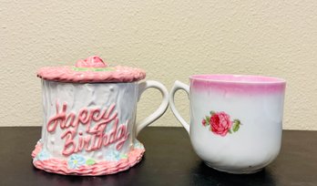 Vintage Teleflora Happy Birthday Cake Mug And Pink Floral Peony Mug