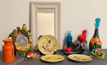 Cute Assortment Of Home Decor Incl. Mirror, Solar Birds, Vintage Plates And More
