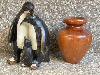 Adorable Wooden Penguin Sculpture And Small Wooden Vase