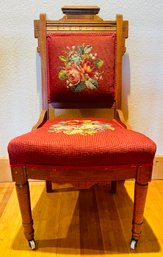 Antique Embroidered Wooden Chair With Wheels 2 Of 2