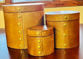 Vintage Leather Wrapped Wood Round Decorative Nesting Storage Boxes