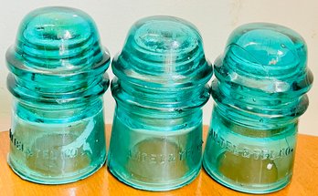 Vintage Set Of 3 Amtel & Tel Co Aqua Glass Insulators