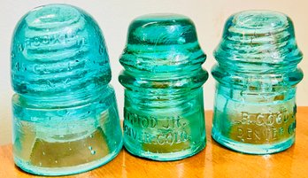 Vintage Set Of 3 R. Good Jr & Brookfield Aqua Glass Insulators