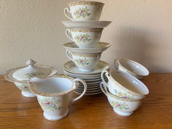7 Teacups & Saucers With Cream And Sugar Bowls - Royal Derby RDB1 Made In Japan