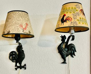 Pair Of Unique Wrought Iron Chicken & Rooster Lamp