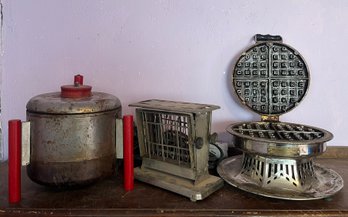 Antique Popcorn Maker, Toaster, And Waffle Maker