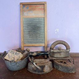 Antique Wash Day, Scrub Board Soaps And Irons