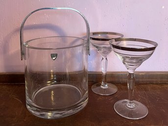Pair Of Martini Glasses With Orrefors Glass Ice Bucket