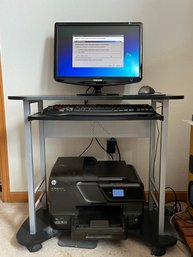 Small Black Office Desk With HP Officejet Pro 8600 Printer And Samsung Screen
