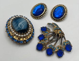 Blue Rhinestone Pins And Earrings