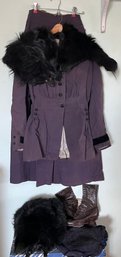 Size S Blue Black Traveling Suit With Boots And Fur Muff Plus Stole