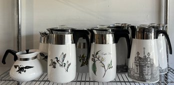 Corning Ware Coffee Percolators And Teapot, Set Of Eight (8) With Various Patterns
