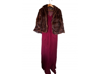 Burgundy Petal Gown With Fur Stole