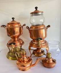 Two (2) Manning Bowman Antique Coffee Pots With Burners - Copper Plated With Brass Embelishments