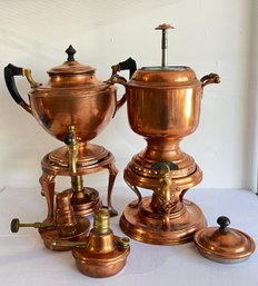 Two (2) Manning Bowman Antique Coffee Pots With Burners - Copper Plated With Brass Embelishments