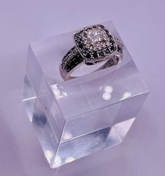 14K White Gold Square Cluster Diamond Ring With Black Accent Diamonds Sz 5.5