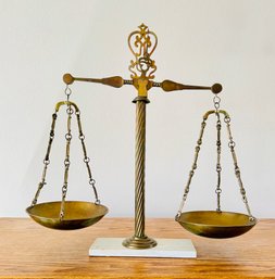 Larger Vintage Brass Balance Scale On Marble Base