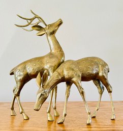 Two Vintage Brass Standing Large Deer Made In Korea