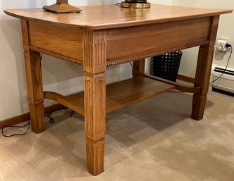 Vintage Oak Wood Console Table With Pullout Drawer In Center