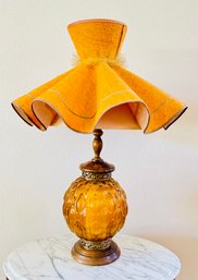 Vintage Mid-century Amber Glass Standing Lamp With Rippling Structured Lampshade