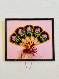 Vintage Framed Crochet Fan Hanging Art Piece With Beading And Floral Detail