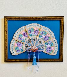 Vintage Framed Crochet Fan Hanging Art Piece With Beading And Pastel Floral Detail