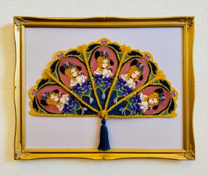 Vintage Gold Framed Crochet Fan Hanging Art Piece With Beading And Ornate Detail