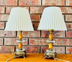 Pair Of Vintage Table Top Lamps With Plastic Pleated Lamp Shades