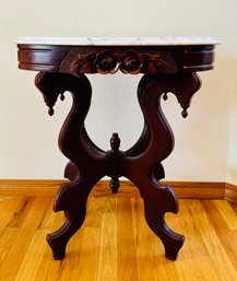 Vintage Victorian Marble Table Top Walnut Side Table With Rose Carved Detailing 2 Of 2