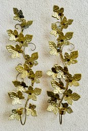 Set Of Two Vintage Golden Metal Leaves Candle Holder Wall Hanging Decor