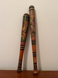 Lot Of 2 Vtg Mayan Hand Carved Wooden Pinata Stick