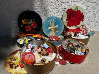 Sewing Notions, Buttons, Zippers, Etc In Vintage Tins