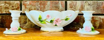 Hand Painted Lefton White China Candy Bowl With Candle Sticks